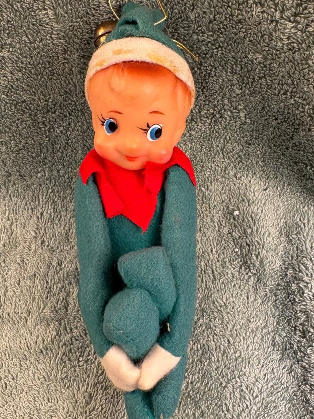 Vintage 1950s Japan Green Knee Hugging Pixie Elf Christmas Ornament Bell 5.5" MC